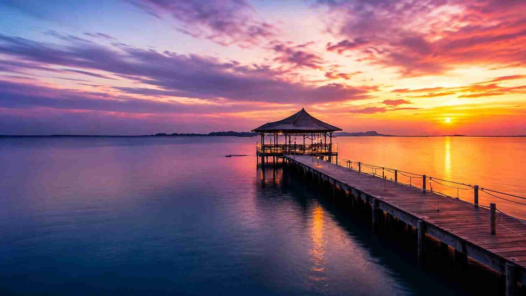 Sunset over Lembeh Strait featuring a wooden pier, calm tropical waters, and colorful evening skies in North Sulawesi, Indonesia | Komera.net