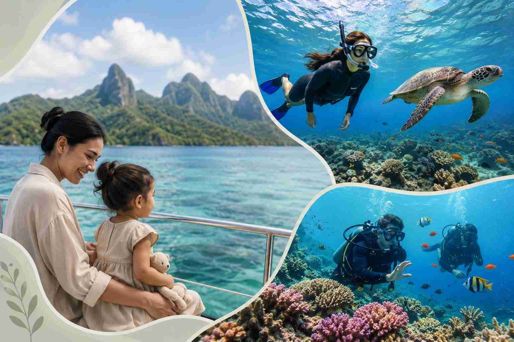 Private nanny caring for a young child on a boat while parents enjoy diving and snorkeling adventures in Sulawesi, Indonesia.