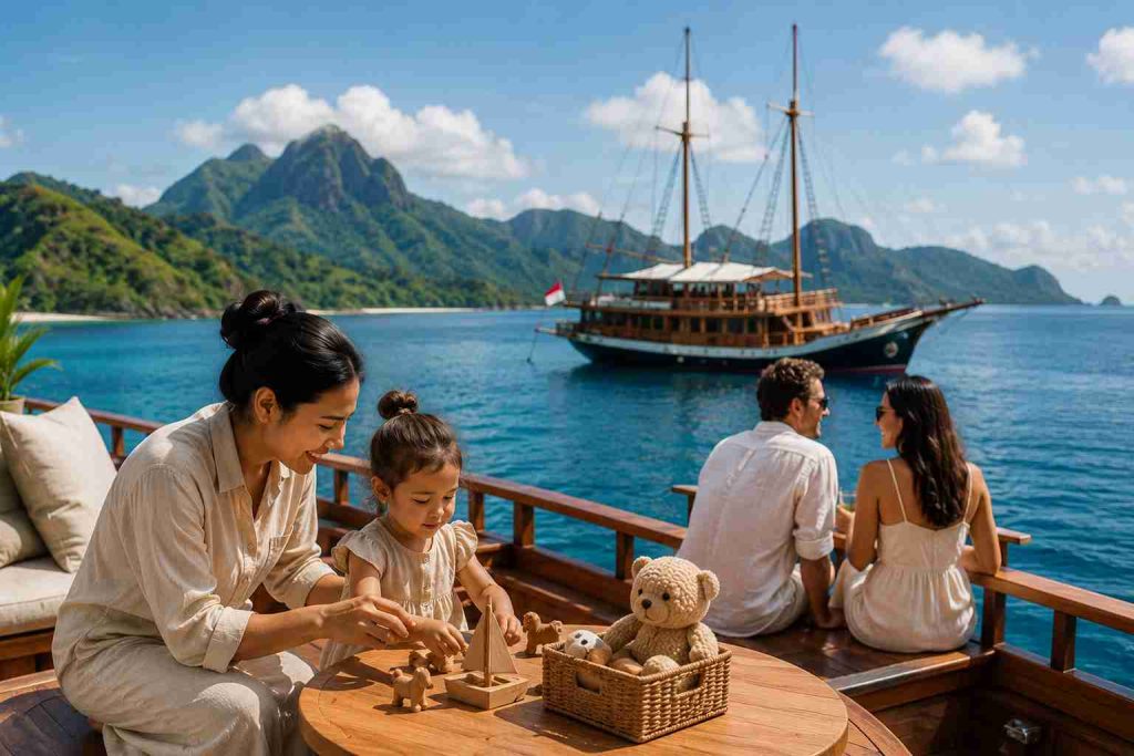 Komera.net private nanny caring for a child aboard a traditional phinisi yacht in Sulawesi while parents enjoy a luxury family holiday surrounded by tropical islands and turquoise waters.