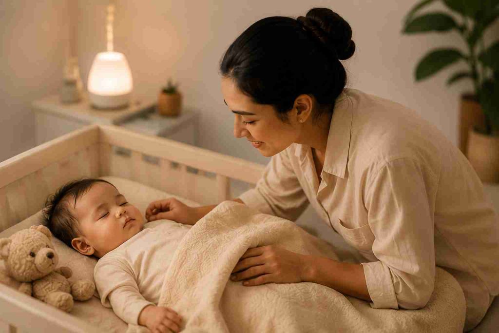 Professional private nanny helping a baby sleep peacefully during a family vacation arranged through Komera.net childcare and travel services.