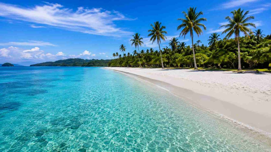 Pristine white-sand beach and crystal-clear turquoise waters in the Togean Islands, Central Sulawesi, Indonesia, surrounded by tropical palm trees and untouched nature | Komera.net