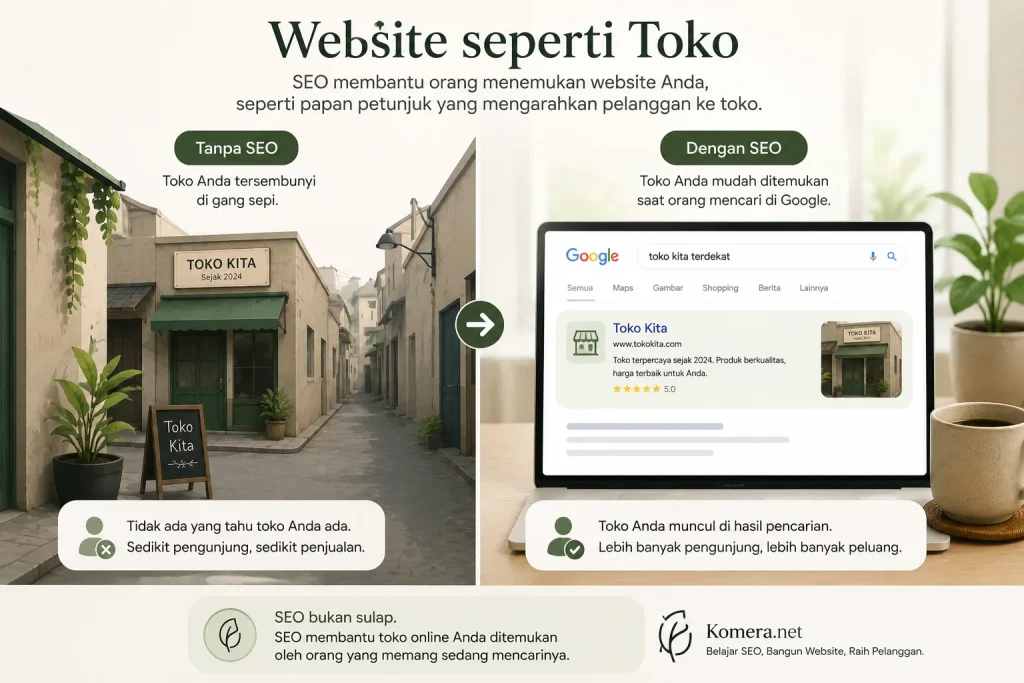 Ilustrasi belajar SEO di Komera.net yang menunjukkan perbedaan website tanpa SEO dan website dengan SEO, sehingga lebih mudah ditemukan di Google seperti toko yang mudah ditemukan pelanggan.