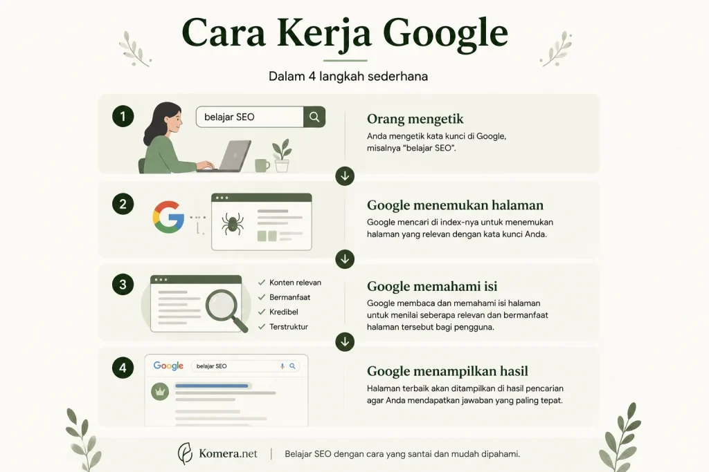 Infografik cara kerja Google dalam SEO di Komera.net yang menjelaskan proses orang mengetik kata kunci, Google menemukan halaman, memahami isi, lalu menampilkan hasil pencarian yang relevan.