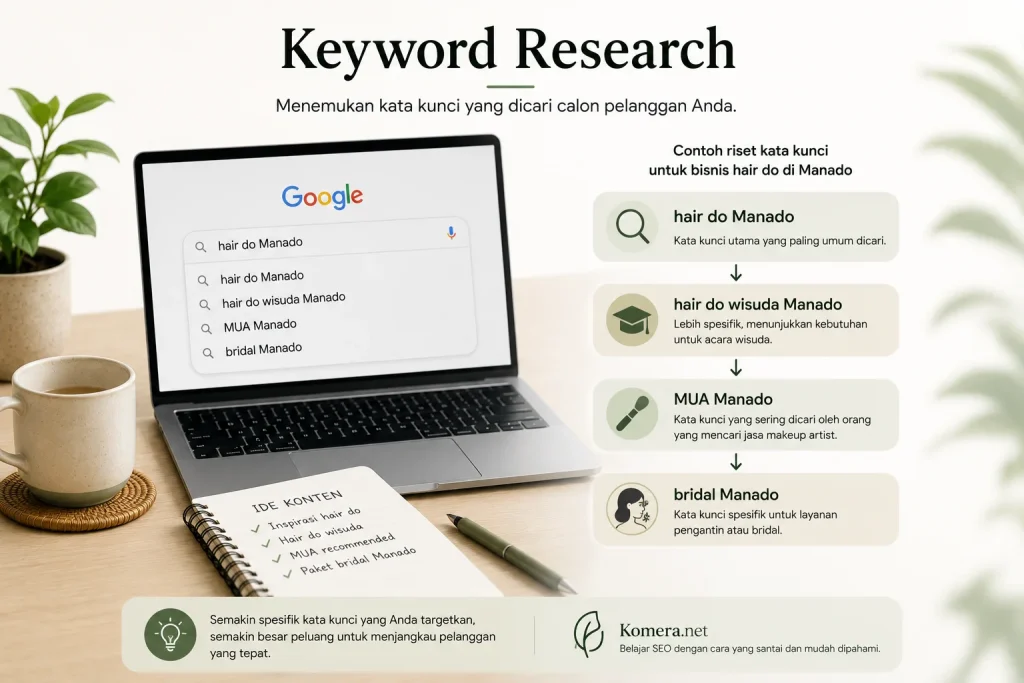 Infografik Keyword Research di Komera.net yang menunjukkan proses riset kata kunci menggunakan Google Search dengan contoh hair do Manado, hair do wisuda Manado, MUA Manado, dan bridal Manado.