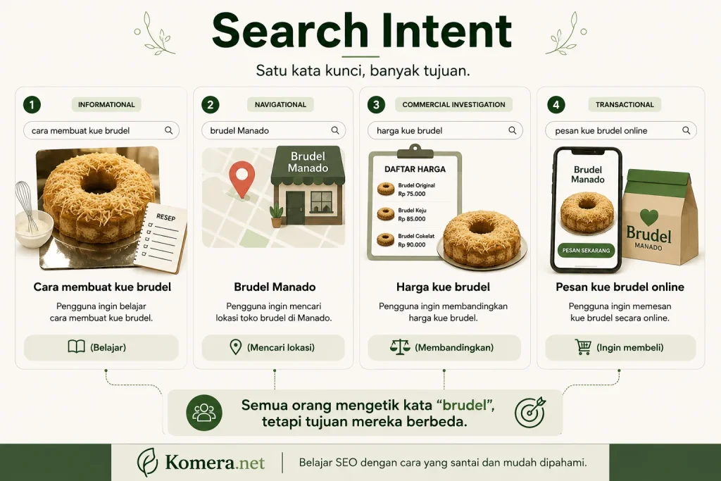 Infografik Search Intent dari Komera.net yang menjelaskan empat tujuan pencarian di Google menggunakan contoh kue brudel, yaitu belajar membuat brudel, mencari toko brudel di Manado, membandingkan harga kue brudel, dan memesan brudel secara online.